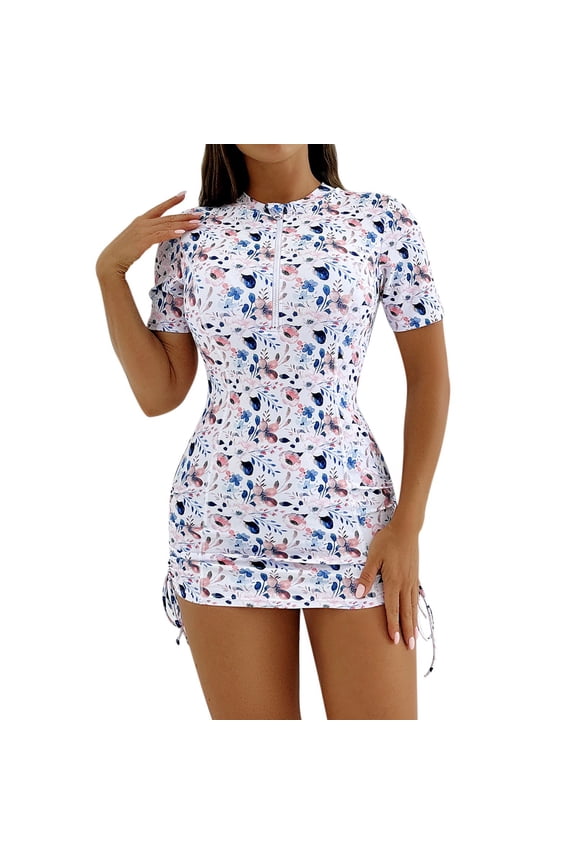 Plus Size Women's Boyleg One Piece Rash Guard with Built in Bra Zip Front UPF50+ Short Sleeve Full Body Surfing Swimsuit White S