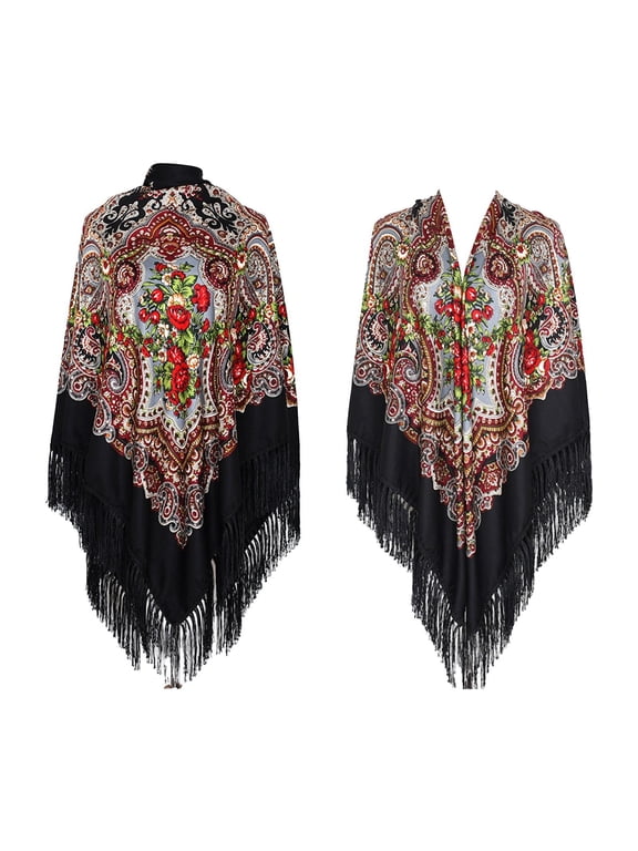 Russian Style Muffler Warm Scarf with Tassel Women's Traditional Scarf Wrap Shawl Fringes Printing Cape Black One Size