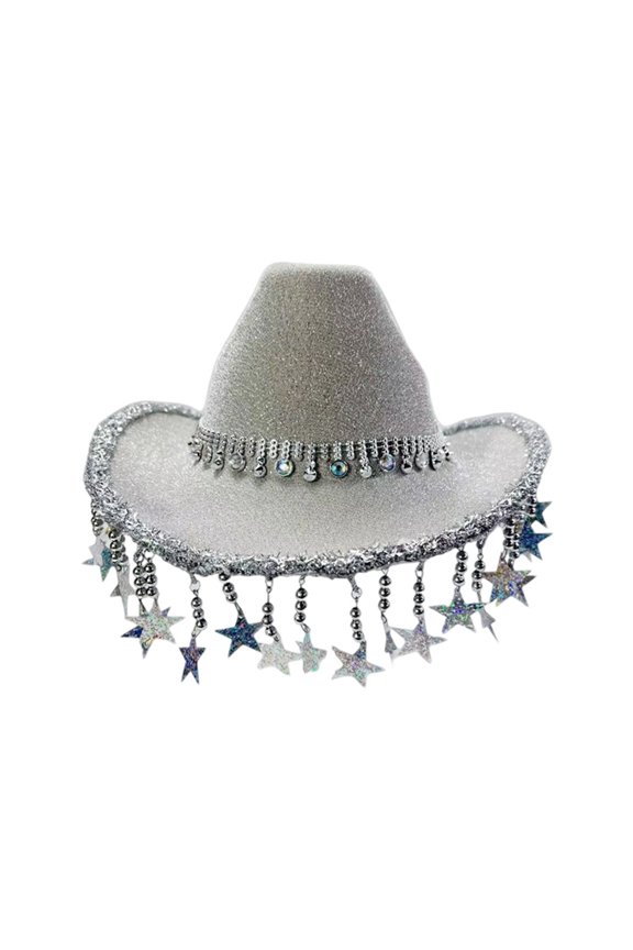 Sparkly Fringe Beaded Cowboy Hat For Western Party Holiday Celebration And Festive Events Silver One Size