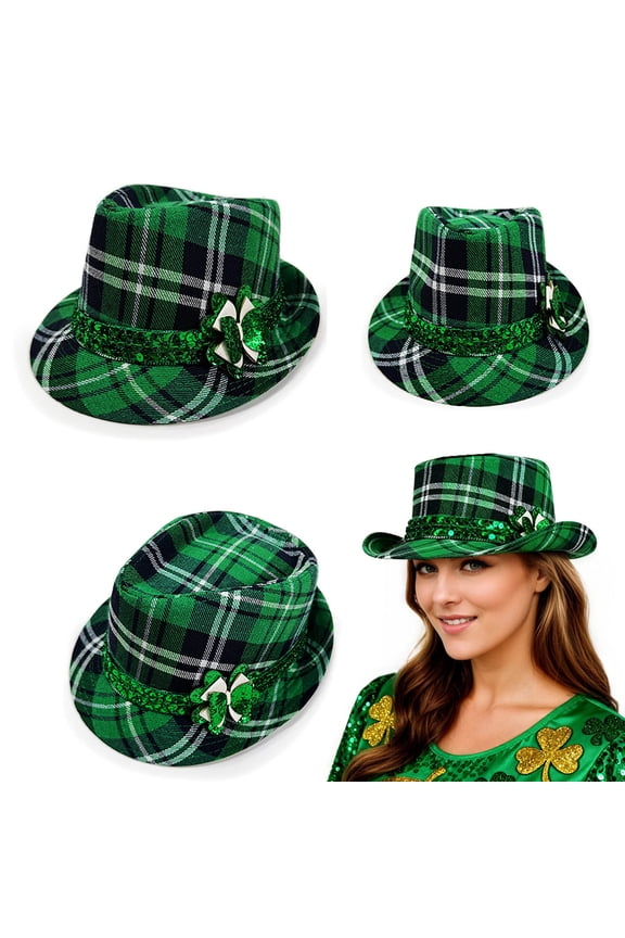 St Patrick's Day Irish Style Green Tartan Jazz Hat with Bow Tie Top Hat for Party Theme Celebration Green One Size