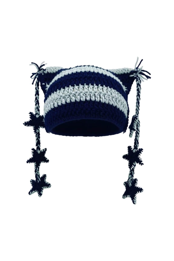 Star Cat Ear Cap Hand Crocheted Warm Striped Wool Hat For Adults Winter Ears Design Dark Blue One Size