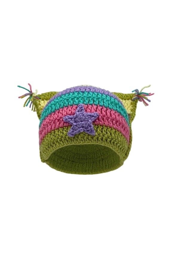Star Cat Ear Cap Hand Crocheted Warm Striped Wool Hat For Adults Winter Ears Light Green One Size