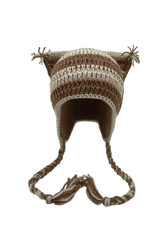 Star Cat Ear Hat for Adults Hand Crocheted Warm Striped Wool Winter Earflap Cap Brown One Size
