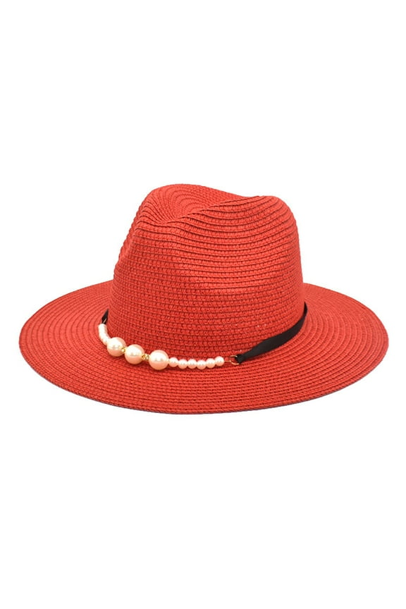 Stylish Summer Sun Wide Brim Straw Bucket Hat for Women Retro Fashion Pearl Sunscreen Accessory Red One Size
