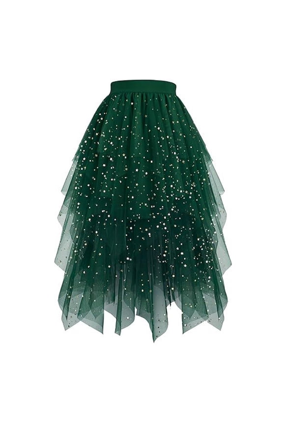 Tulle Skirts for Women Fairy A-Line Fluffy Mesh Layered Midi Long Tutu Skirt Halloween Tea Party Tutus Dark Green L