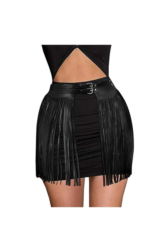 Wide Tassel Waist Belt for Women Fringe Black PU Leather Gypsy Style Belt for Ladies Carnival Outfit Black One Size