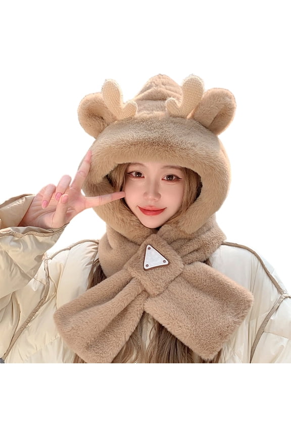 Winter Lined Hat with Attached Scarf Full Face for Outdoor Cold Weather Activities Brown2 One Size