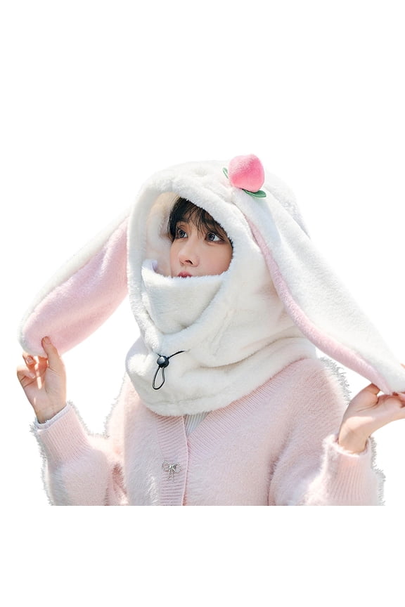 Winter Windproof Ski Hat with Rabbit Ear Design and Face Guard for Cold Weather White One Size