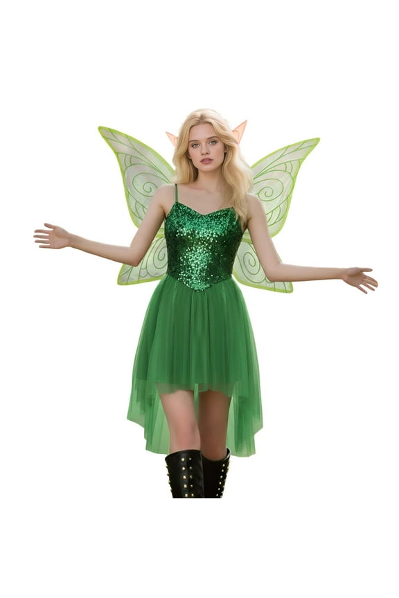 Women Forest Fairy Costume Pretty Elf Princess Tube Top Dress with Wings Halloween Cosplay Themed Party Dress Green L