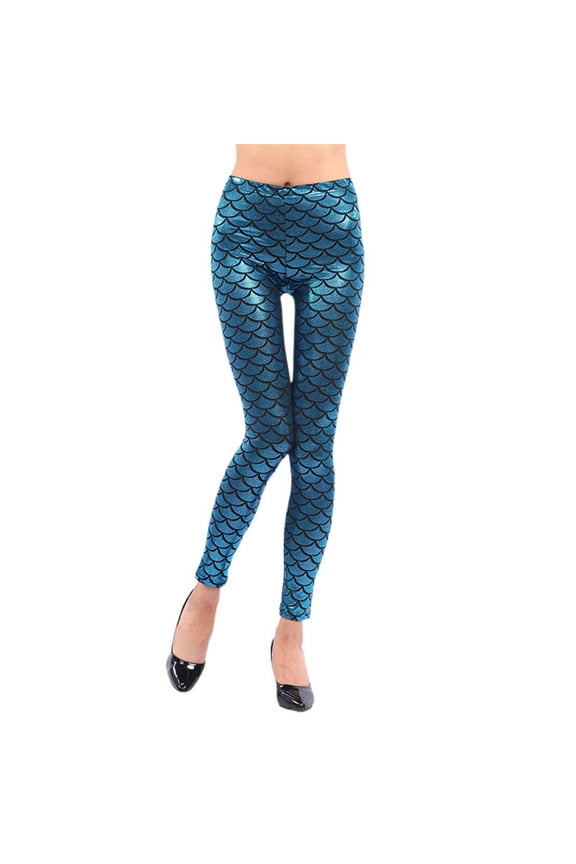Women High Waisted Tight Fish Scale Printed Leggings Stretch Tight Stretchy Leggings Pants Custome Party Blue S