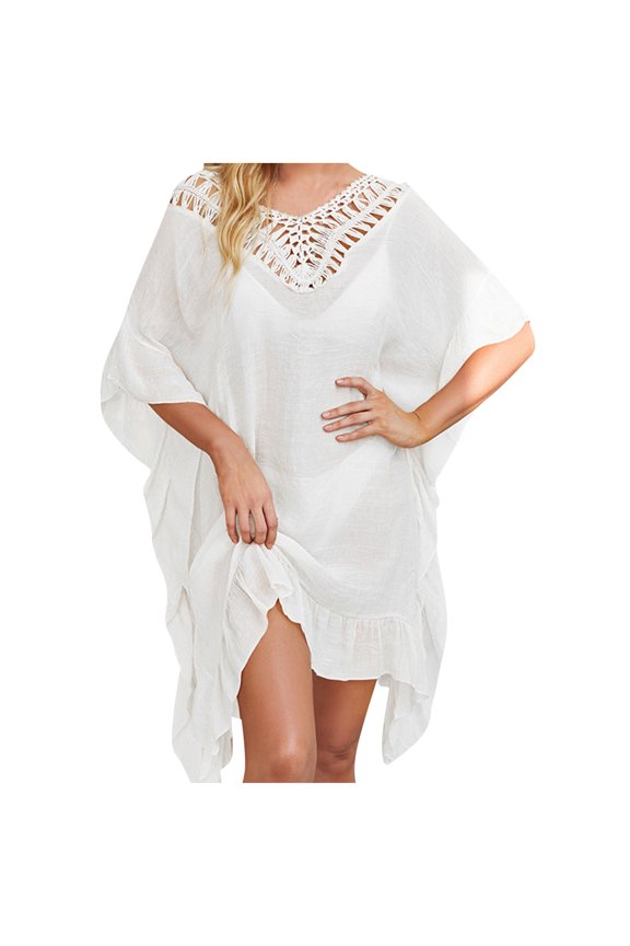 Women's Hollow Back Casual Sun Cover Up Blouse with Ruffle Skirt Straps and Short Cardigan Design White One Size