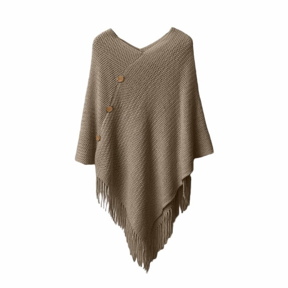 DFEK Women's Knitted Poncho Sweater V-Neck Button Pullover Cape with Tassels Cozy Shawl Wrap Cardigan Tops for Fall Winter Khaki One Size