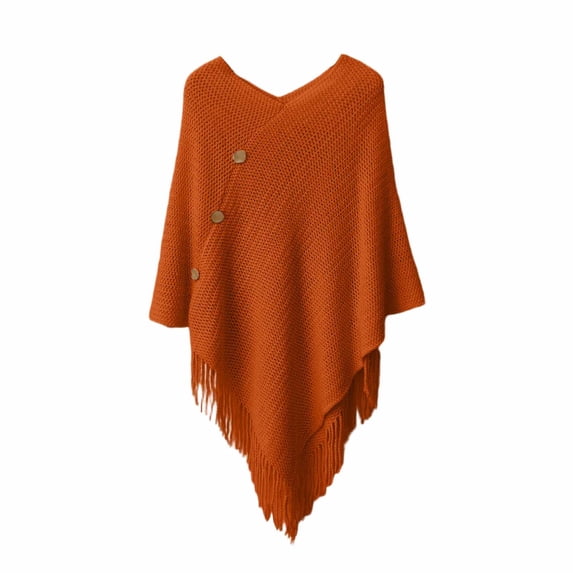 DFEK Women's Knitted Poncho Sweater V-Neck Button Pullover Cape with Tassels Cozy Shawl Wrap Cardigan Tops for Fall Winter Orange One Size
