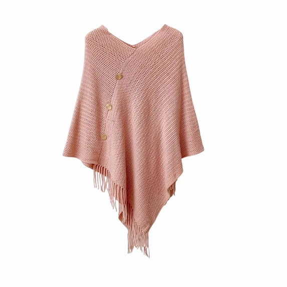 DFEK Women's Knitted Poncho Sweater V-Neck Button Pullover Cape with Tassels Cozy Shawl Wrap Cardigan Tops for Fall Winter Pink One Size