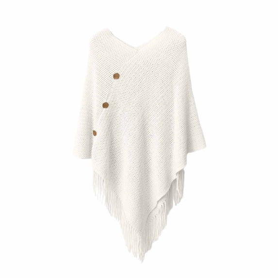DFEK Women's Knitted Poncho Sweater V-Neck Button Pullover Cape with Tassels Cozy Shawl Wrap Cardigan Tops for Fall Winter White One Size