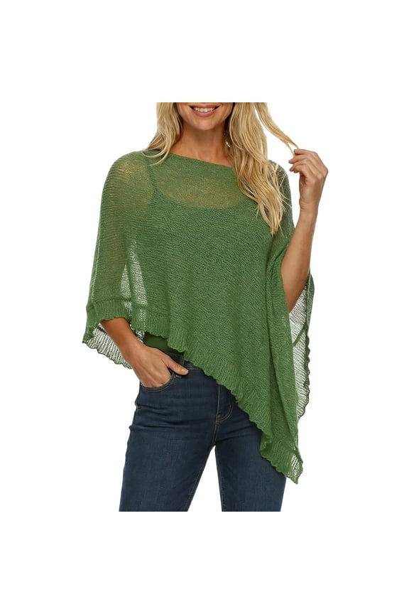 Women’s Sheer Knit Poncho Shrug Lightweight Asymmetrical Ruffle Wrap Dressy Summer Shawl Cover Up Top Green One Size