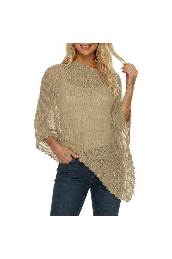 Women’s Sheer Knit Poncho Shrug Lightweight Asymmetrical Ruffle Wrap Dressy Summer Shawl Cover Up Top Khaki One Size