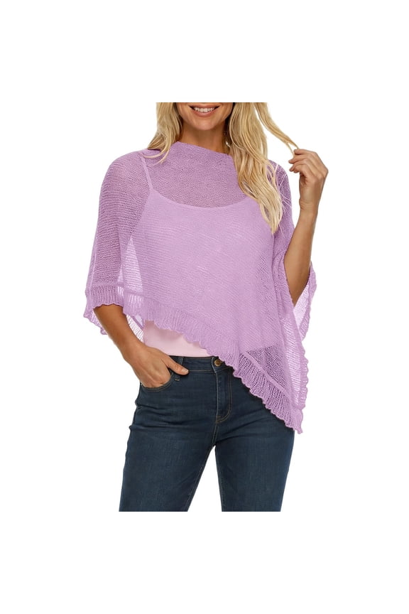 Women’s Sheer Knit Poncho Shrug Lightweight Asymmetrical Ruffle Wrap Dressy Summer Shawl Cover Up Top Pink One Size