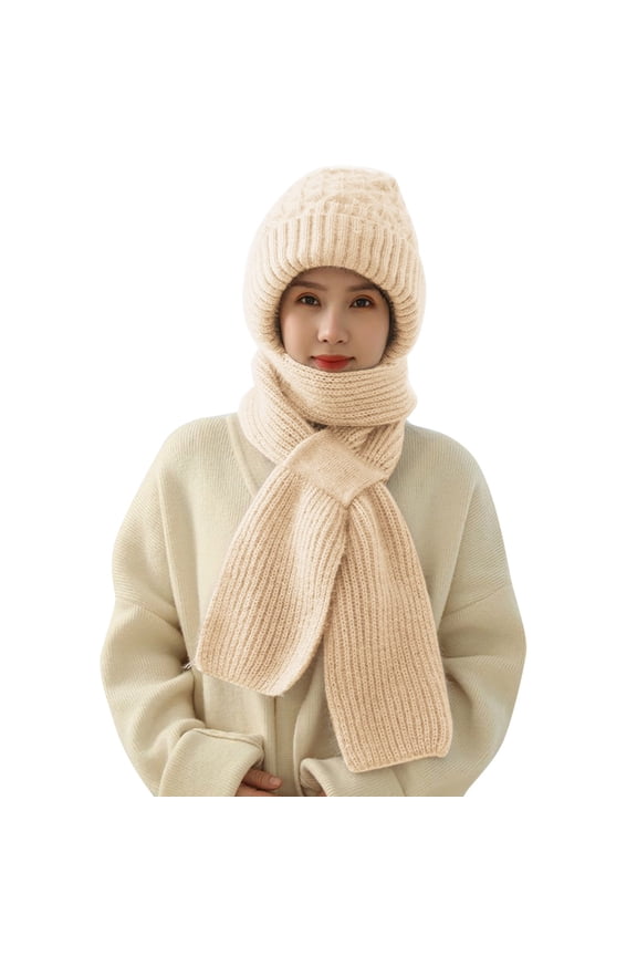 Women's Winter Knitted Hooded Scarf Integrated Ear Windproof Hat Fashionable Cold Weather Accessory Beige One Size