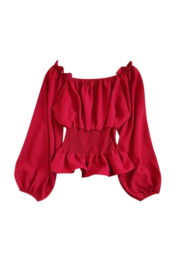 Womens Renaissance Blouse Peasant Off Shoulder Tops Pirate Long Sleeve Peasant Blouse Woman Off Shoulder Ruched Tie Back Crop Top Summer Lantern Sleeve Boho Shirt Blouse Red M