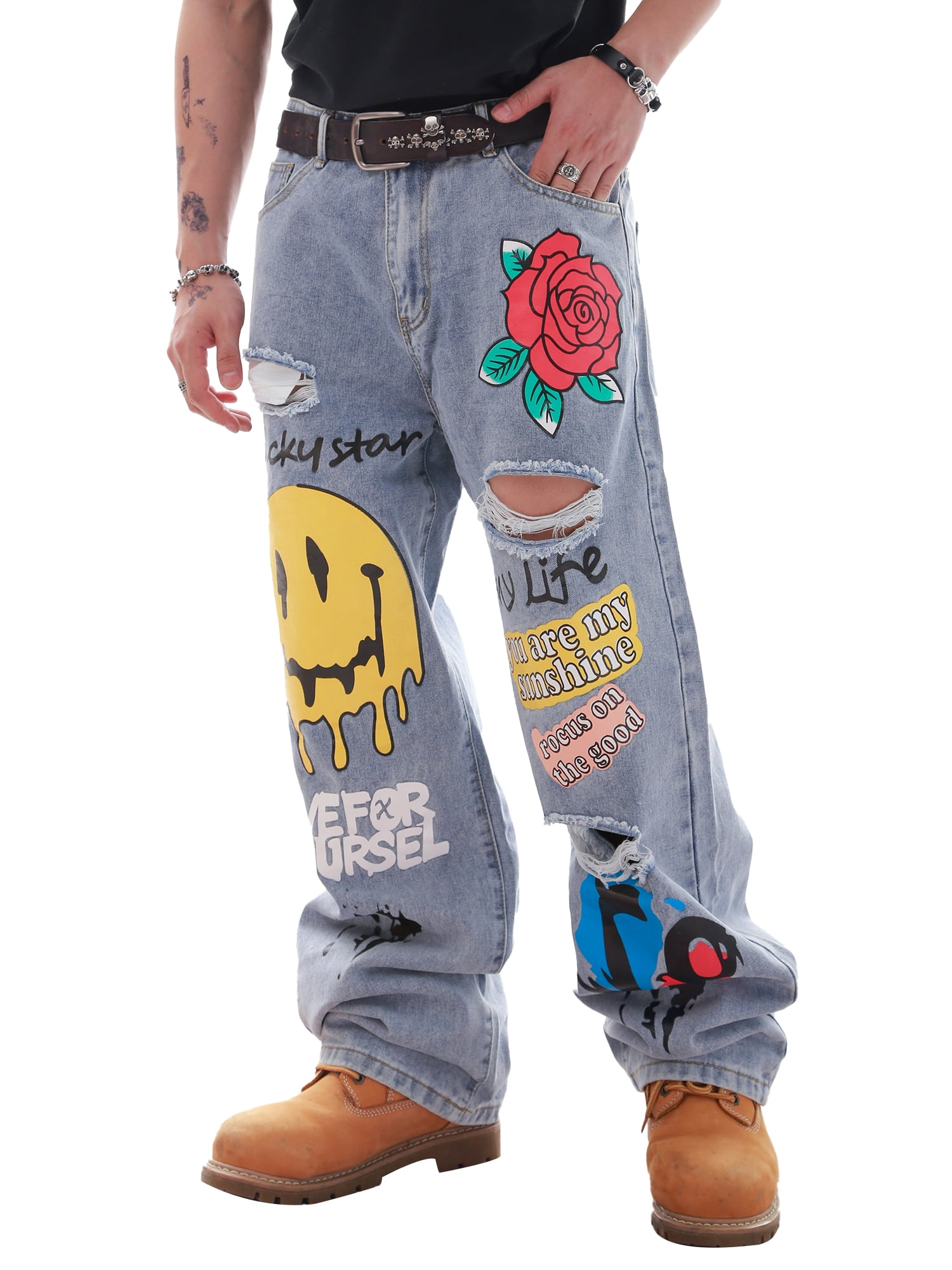 DFGIGT Men's trendy printed distressed denim jeans fashion DFGIGT Men's trendy printed distressed denim jeans fashion