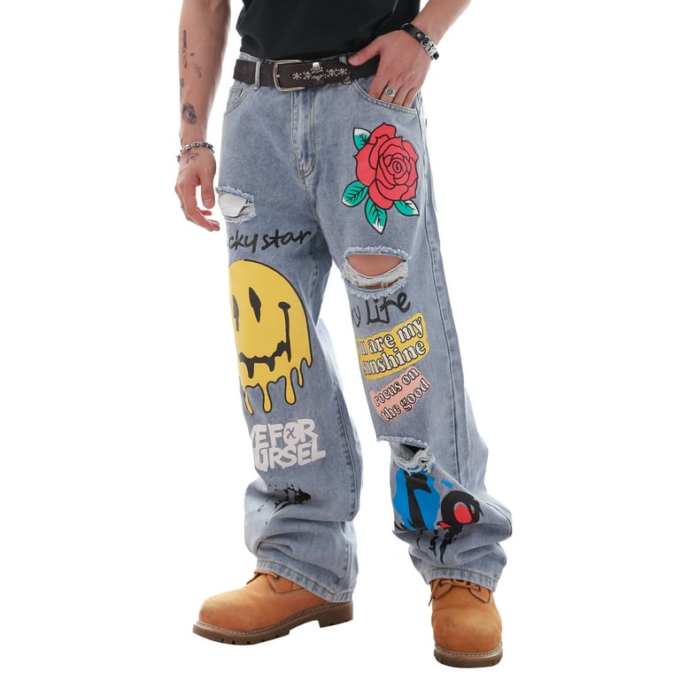 DFGIGT Men's trendy printed distressed denim jeans fashion