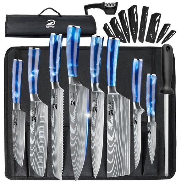 DFITO 10-Piece Kitchen Knife Set, Stainless Steel Professional Cutlery Knife with Knife Sheaths, Ultra Sharp Kitchen Knives with Knife Storage Bag + Knife Sharpener, Blue