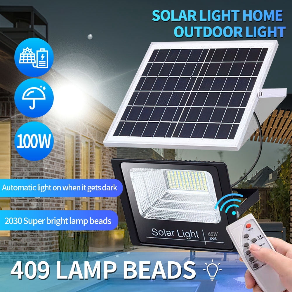 DFITO 100W Solar Flood Light Outdoor with Remote Control, 409 LEDs Super Bright Solar Powered Light, Security Spot Wall Lamp for Yard Outdoor Street Barn