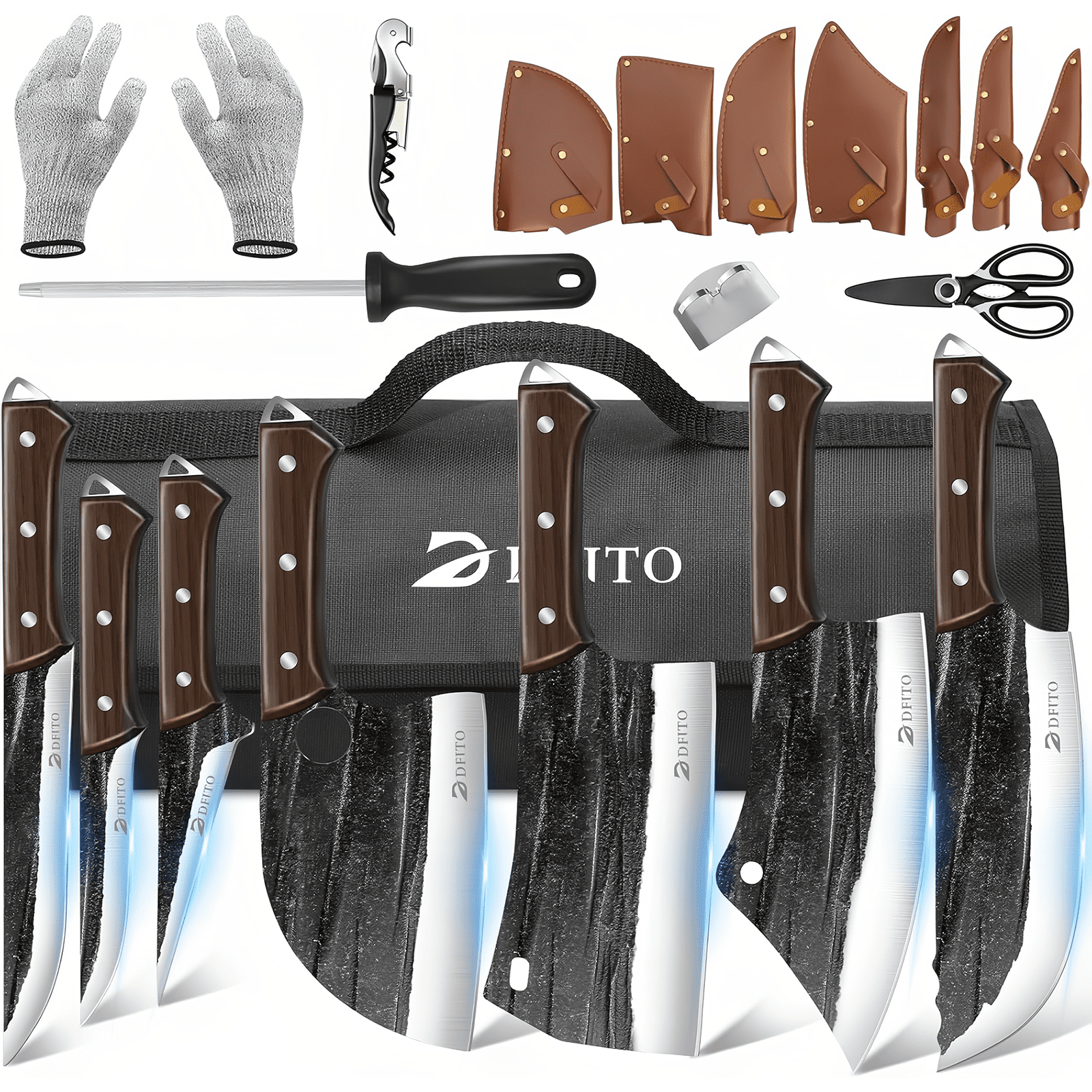 DFITO 14-Piece Butcher Knife Set with Roll Bag, Hand-Forged Meat ...