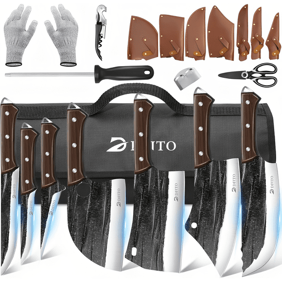 DFITO 14-Piece Butcher Knife Set with Roll Bag, Hand-Forged Meat Cutting Tools for Kitchen, BBQ and Camping (Crinkle)