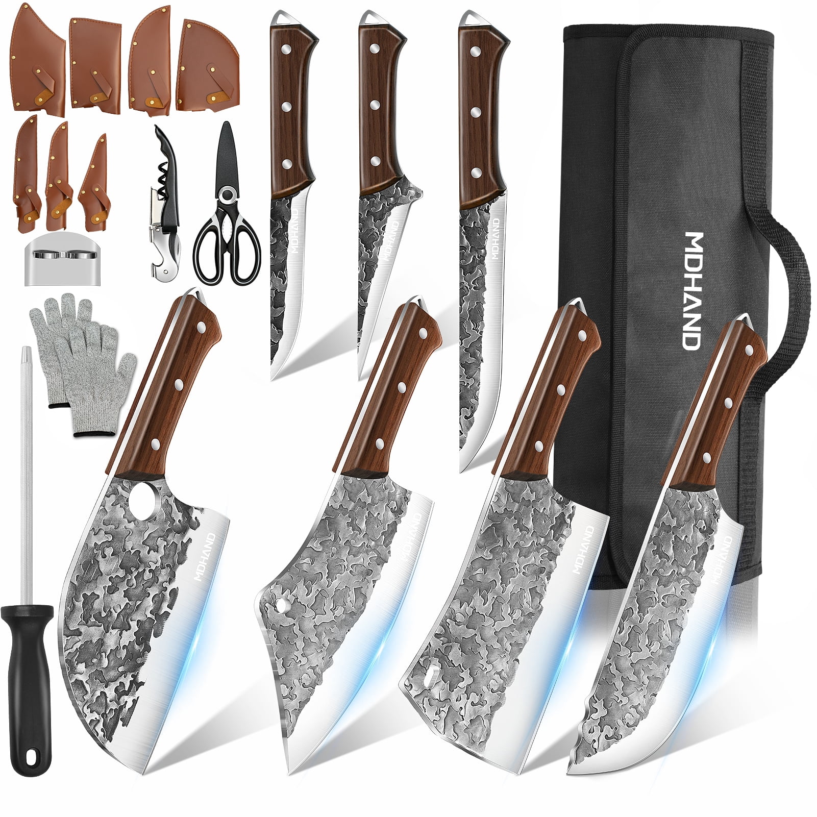 DFITO 14PCS Professional Butcher Knife Set with Roll Bag, Heavy Duty Meat Cleaver, Boning Knife, Hand Forged Chef Knife Set, Meat Cutting Knife for Kitchen, Gift for Men, BBQ, Camping(Cloud)