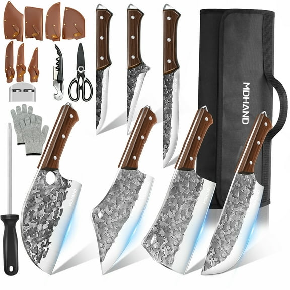 DFITO 14PCS Professional Butcher Knife Set with Roll Bag, Heavy Duty Meat Cleaver, Boning Knife, Hand Forged Chef Knife Set, Meat Cutting Knife for Kitchen, Gift for Men, BBQ, Camping(Cloud)
