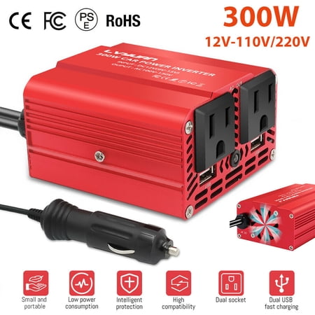 DFITO 300W Continuous Inverter 2 AC Outlets 12V to 110v/220v Car Converter with 3.1A Dual USB Car Charger