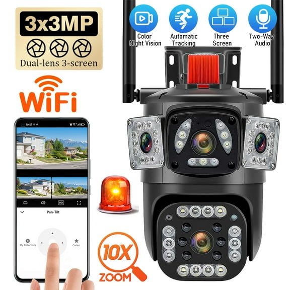 DFITO 3K Outdoor Security Camera with 360 View, Triple Lens WiFi Surveillance Cam, Full Color Night Vision, Motion Tracking, 2-Way Audio, Human Detection
