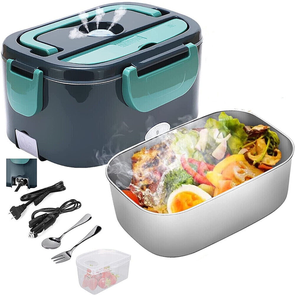 DFITO 40W Electric Heating Lunch Box, 2 In 1 Portable Food Heater for Home and Car, 1.5L Removable Stainless Steel Container, 110V/12V, with Fork Spoon, Green