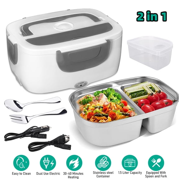 DFITO 40W Electric Heating Lunch Box, 2 In 1 Portable Food Heater for Home and Car, 1.5L Removable Stainless Steel Container, 110V/12V, with Fork Spoon, Grey
