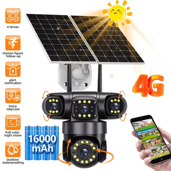 Kepeak 4G LTE Solar Security Camera Wireless Outdoor, 16MP 4-Lens PTZ, Color Night Vision, PIR Motion Detection, Two-Way Audio, Built-In SIM, No WiFi Required