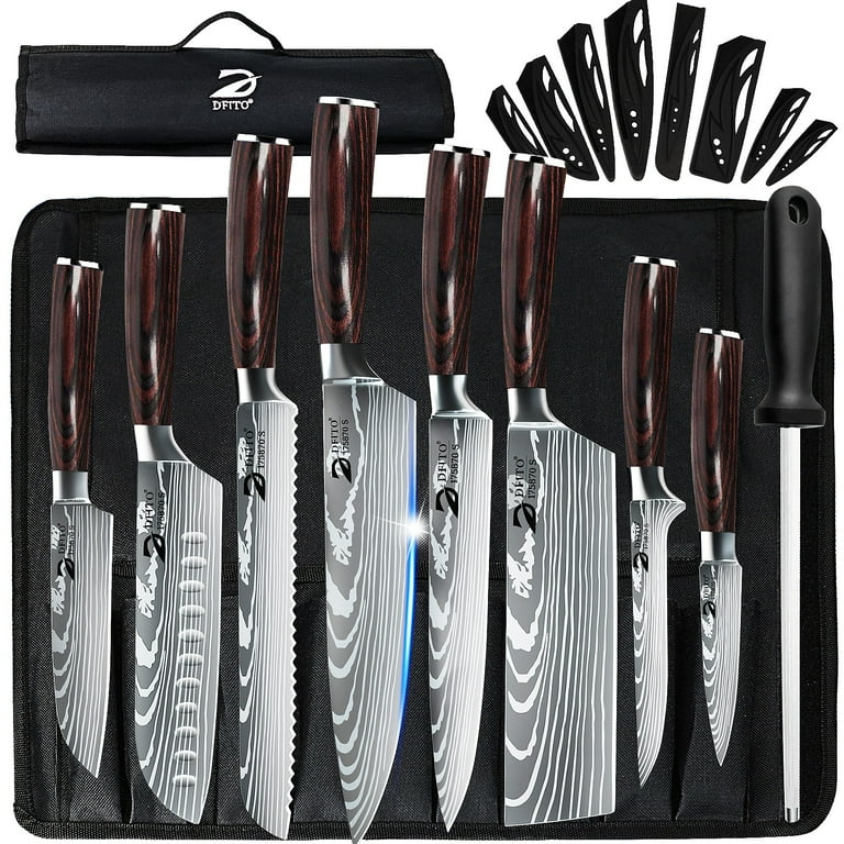 DFITO 9 Piece Kitchen Knife Set Stainless Steel Professional Cutlery Knife with Knife Sheaths Ultra Sharp Kitchen Knives with Knife Storage Bag