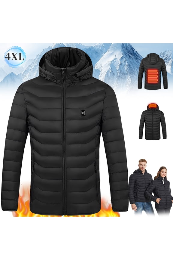 Electric Heated Jacket Adjustable Temp 3 Heating Zones USB Heated Coat Winter Hooded Jacket Men Women,4XL