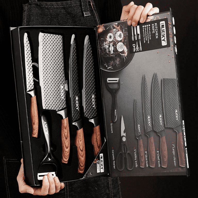 DFITO Knife Set, 6 Pieces Chef Knife Set with Gift Box (8'' Chef's Knife,  8'' Slicing Knife,7'' Kitchen Knife,5'' Universal Knife,Scissors,Skin