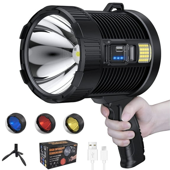 DFITO Rechargeable Spotlight, 1000 Lumens Waterproof LED Searchlight Handheld, Solar Strong Light Flashlight with COB Light for Camping Hiking Fishing
