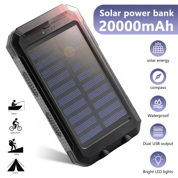 DFITO Solar Charger for Cell Phone 20000mAh,Portable Solar Power Bank with Dual 5V USB Ports,2 Led Light Flashlight,Compass,Black