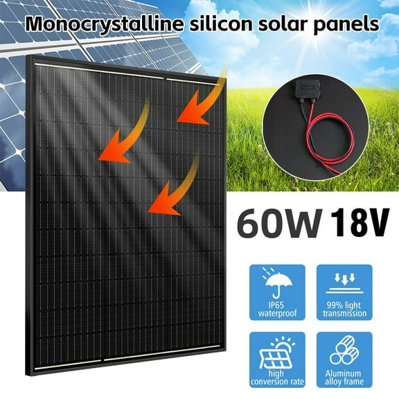 DFITO Solar Panel 60W 18V Monocrystalline Waterproof Panel for Charging 12V Battery of RV Boat Trailer ATV Car or Charing 12V Battery Pack and Other Off-Grid Applications