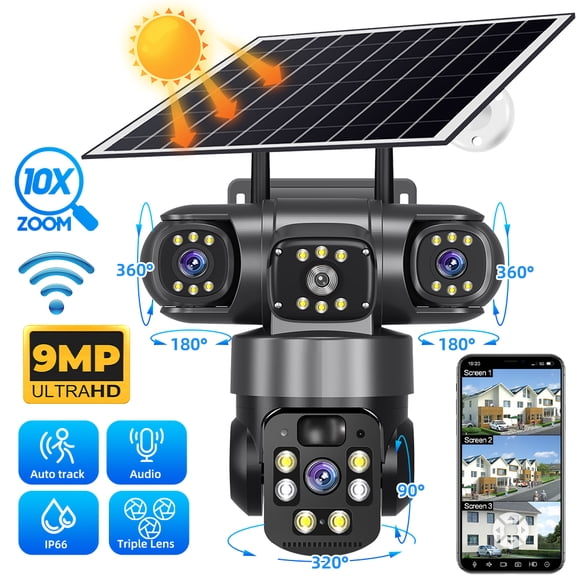 DFITO Solar Security Camera Outdoor Wireless 3-Lens 9MP, 355 Pan 90 Tilt WiFi Camera with 8000mAh Battery, PIR Motion Detection, 2-Way Audio, IP66 Waterproof, Color Night Vision