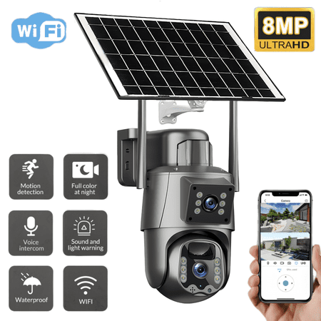DFITO Solar Security Camera Outdoor Wireless Dual-Lens 1296P, 8000mAh Battery, 5G/2.4G WiFi, PIR Motion Detection, 2-Way Audio, Color Night Vision, IP66 Waterproof