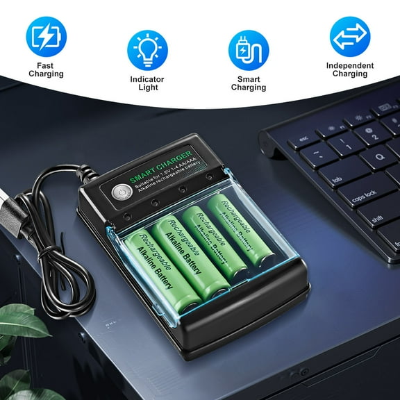DFITO Universal 4-Slot Alkaline Battery Charger for AA AAA Batteries, Fast USB Charging Hub with LED Indicator, DC 1.5V 500mA Output