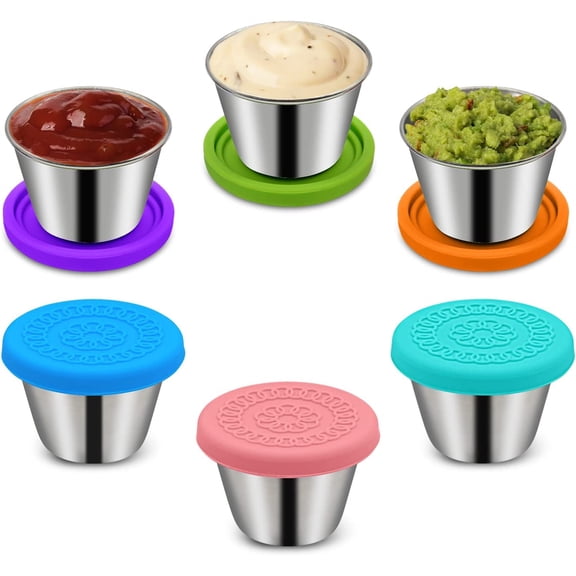 DFORD 6Pack 2.4oz Salad Dressing Container To Go, Small Stainless Steel Condiment Containers with Silicone Lids, Leakproof Reusable Dipping Sauce Cups for Lunch Box