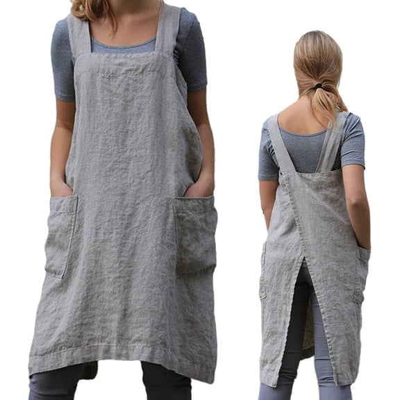 DFORD Pinafore Cross Back Apron for Women with Pockets Japanese Smock for Work Gardening Cooking Painting Baking