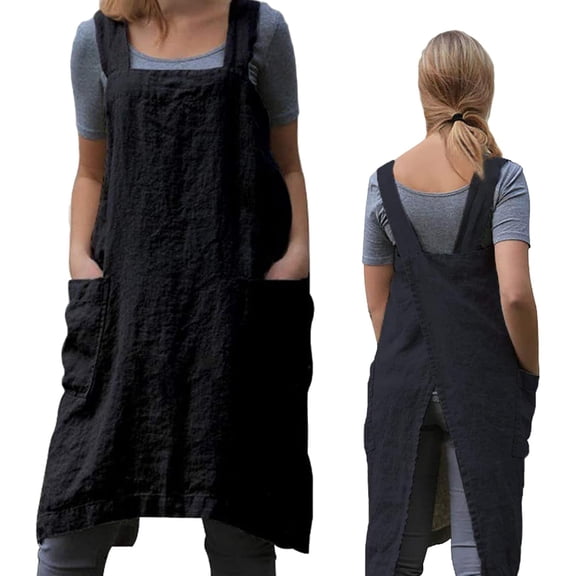DFORD Pinafore Cross Back Apron for Women with Pockets Japanese Smock for Work Gardening Cooking Painting Baking