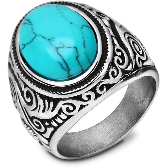 DFORD Retro Vintage Stone Rings for Men Turquoise Rings Stainless Steel Signet Biker Band